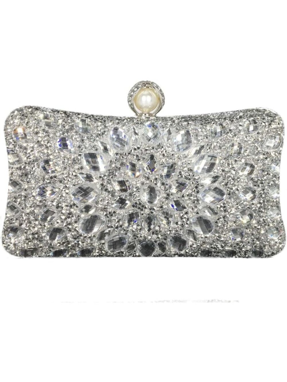 Women's Solid Silver Pearl Rhinestone Clutch Evening Bag Wedding Crystal Handbag